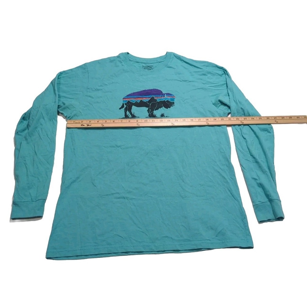 Patagonia Fitz Roy Bison Buffalo Graphic Long Sleeve Shirt Men's Large Teal - Picture 6 of 7